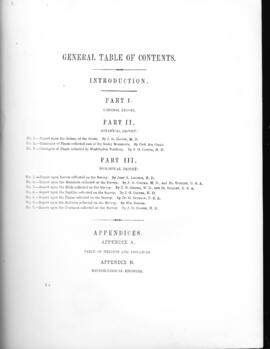 Explorations for a Route for a Pacific Railroad, 1855, Table of Contents