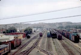 View of Great Northern Railway yard at Havre, Montana looking west, with Train number 32 approach...