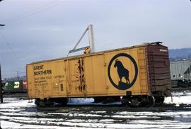 Great Northern Railway Refrigerator car 69377 at Wenatchee, Washington in 1974.