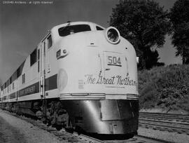 Great Northern diesel locomotive 504, newly washed.  Other subject categories:  Passenger