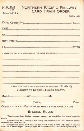 Northern Pacific Form 1740, Card Train Order Form, 1938