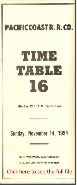 Pacific Coast Railroad Employee Timetable 16, 1954