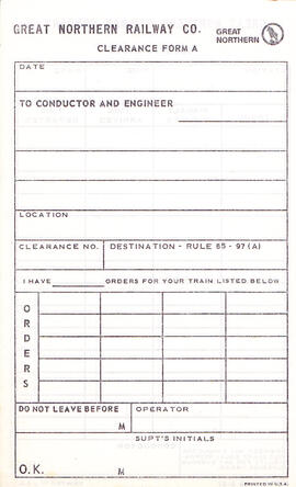 Great Northern Form 1129, Clearance Form A, 1967