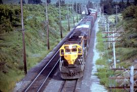 Great Northern Railway Train 97 with SD45 engine 404 at Leavenworth, Washington taken from bridge...