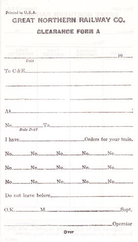 Great Northern Form 1129, Clearance Form A, undated