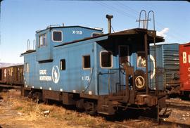 Great Northern Railway Caboose X-113 in Big Sky Blue color scheme at Wenatchee Washington in 1972.