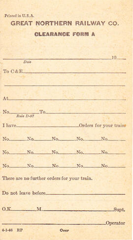 Great Northern Form 1129, Clearance Form A, 1946