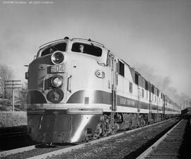 Great Northern diesel locomotive 504 leads the eastbound Empire Builder near Saint Paul, Minnesot...