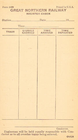 Great Northern Form 1129, Register Check, undated