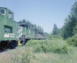 Burlington Northern freight train at Veazey, Washington in 1980.