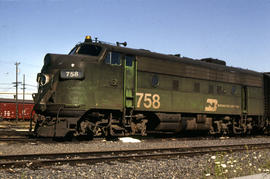 Burlington Northern Railroad Company diesel locomotive 758 at Portland, Oregon in 1979.