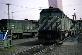 Burlington Northern Railroad Company diesel locomotive 6645 at Portland, Oregon in 1985.