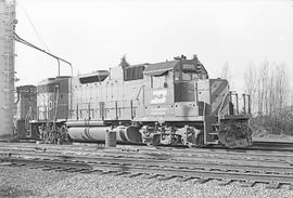 Burlington Northern diesel locomotive 2100 at Hoquiam, Washington in 1976.