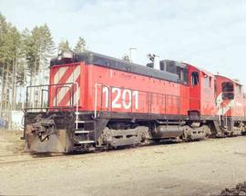 Simpson Timber Company Diesel Locomotive Number 1201 at Shelton, Washington in 1990.