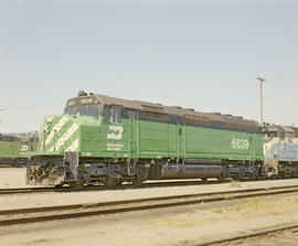 Burlington Northern diesel locomotive 6639 at Auburn, Washington in 1972.