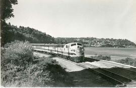 Great Northern Railway diesel locomotive 510 at Golden Gardens, Washington, undated.