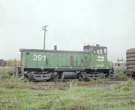 Burlington Northern diesel locomotive 391 at Seattle, Washington, circa 1978.