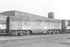Burlington Northern diesel locomotive 803 at Seattle, Washington in 1973.