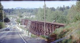Burlington Northern Railroad trestle bridge at Maple Valley, Washington, circa 1971.