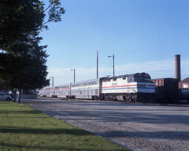 Amtrak diesel locomotive 305 leads train number 25 at Nampa, Idaho on August 1, 1986. .