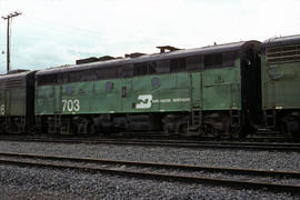 Burlington Northern Railroad Company diesel locomotive 703 at Portland, Oregon in 1978.