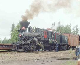 Mount Rainier Scenic Railroad Steam Locomotive Number 10 at Elbe, Washington in May, 1981.