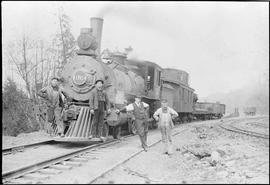 Northern Pacific steam locomotive 689 at Castle Rock, Washington, circa 1900.