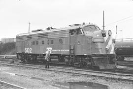 Burlington Northern diesel locomotive 602 at Seattle, Washington in 1976.