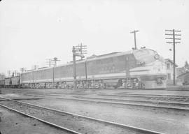 Northern Pacific diesel locomotive number 6008 at Easton, Washington, circa 1945.