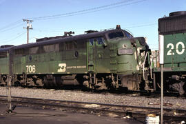 Burlington Northern Railroad Company diesel locomotive 706 at Portland, Oregon in 1978.