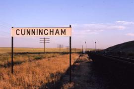 Burlington Northern station sign at Cunningham, Washington, in 1986.