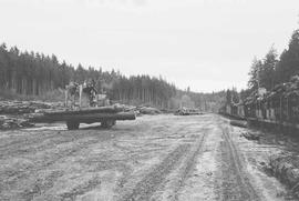 Burlington Northern log yard at Lake Kapowsin, Washington, in 1974.