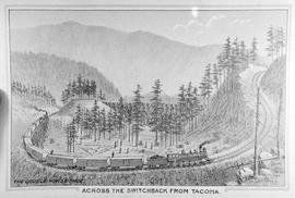Drawing of Northern Pacific freight train at Stampede Pass, Washington Territory, in 1887.