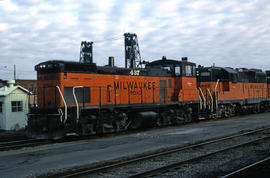 Milwaukee Road diesel locomotive 437 at Portland, Oregon in 1978.