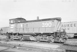 Burlington Northern diesel locomotive 390 at Seattle, Washington in 1973.