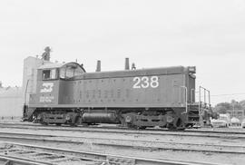 Burlington Northern diesel locomotive 238 at Alliance, Nebraska in 1972.