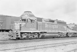 Burlington Northern diesel locomotive 3002 at Tacoma, Washington in 1971.