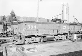 Burlington Northern diesel locomotive 324 at Hoquiam, Washington in 1976.