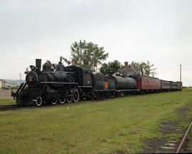 Alberta Prairie Railway steam locomotive 42 at Big Valley, Alberta on July 19, 1990.