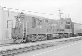 Southern Pacific Railroad diesel locomotive number 3020 at Redwood City, California in 1973.