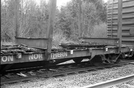 Burlington Northern flat car 631386 between Bucoda and Tenino, Washington, circa 1974.