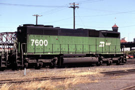 Burlington Northern Railroad Company diesel locomotive 7600 at Portland, Oregon in 1985.