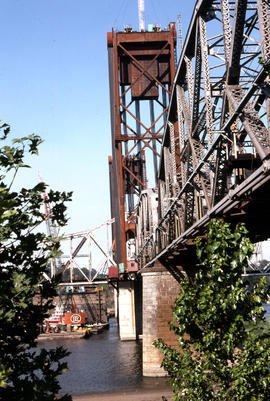 Burlington Northern Railroad Company bridge replacement at Portland, Oregon in 1989.