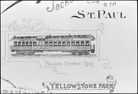 Drawing of Northern Pacific Railroad studio car at St. Paul, Minnesota, circa 1890.