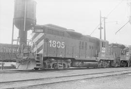 Burlington Northern diesel locomotive 1805 at Kettle Falls, Washington in 1974.