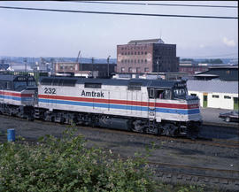 Amtrak diesel locomotive 232 at Tacoma, Washington, circa 1980.