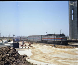 Amtrak passenger train passes Reunion Tower in Dallas, Texas on June 22, 1978.