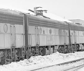 Burlington Northern diesel locomotive 677 at Cashmere, Washington in 1971.