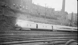 Union Pacific Railroad diesel locomotive number M10000 at Tacoma, Washington in 1934.