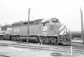 Burlington Northern diesel locomotive 3028 at Juniata, Nebraska in 1972.